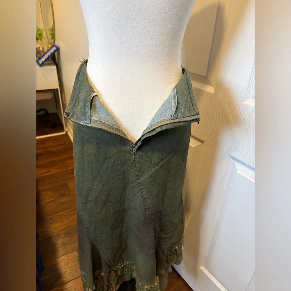 Simon Chang Olive Green Midi Skirt Beaded Floral Lace Hem Size 12 - Picture 10 of 11